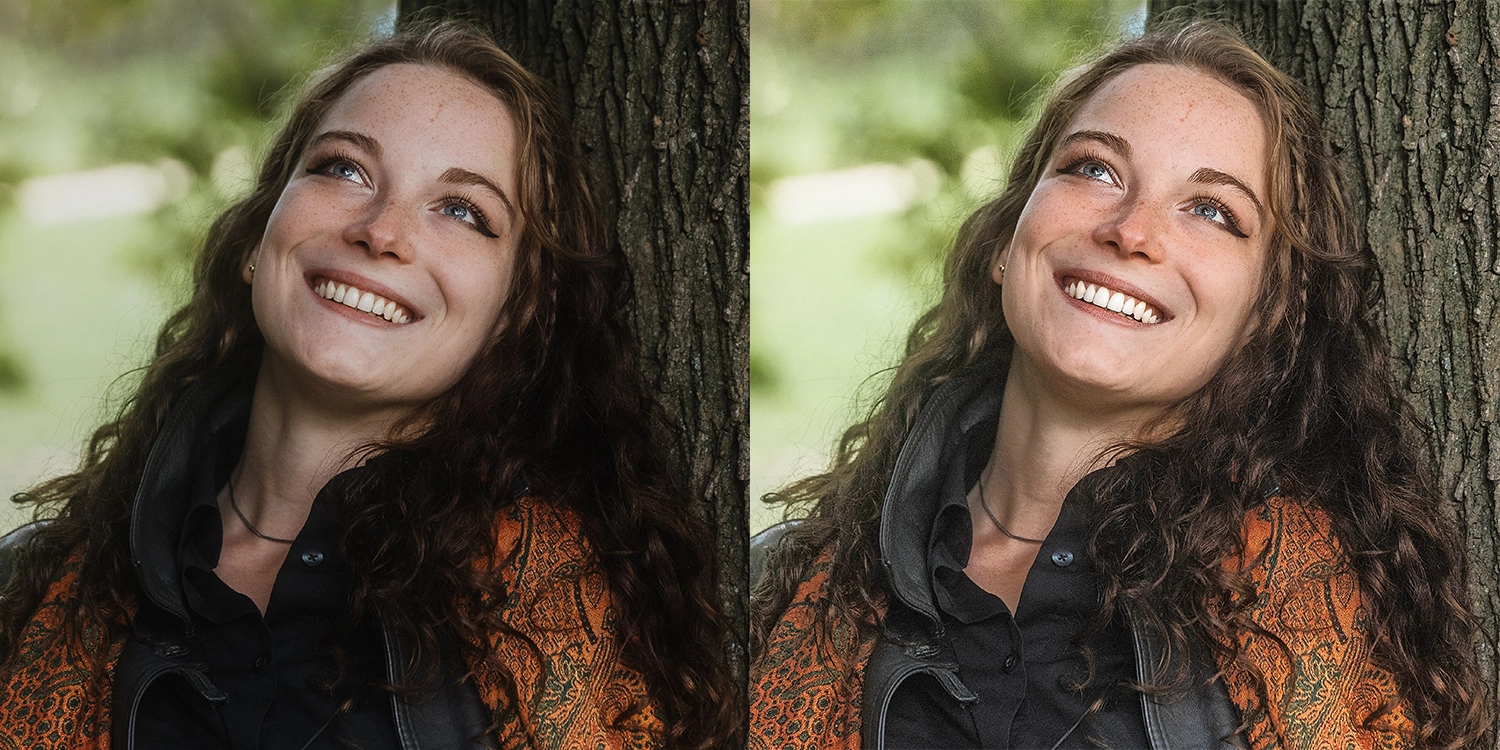 Portrait before-and-after Pixometry: dull, flat tones on the left; bright, sharp result on the right.