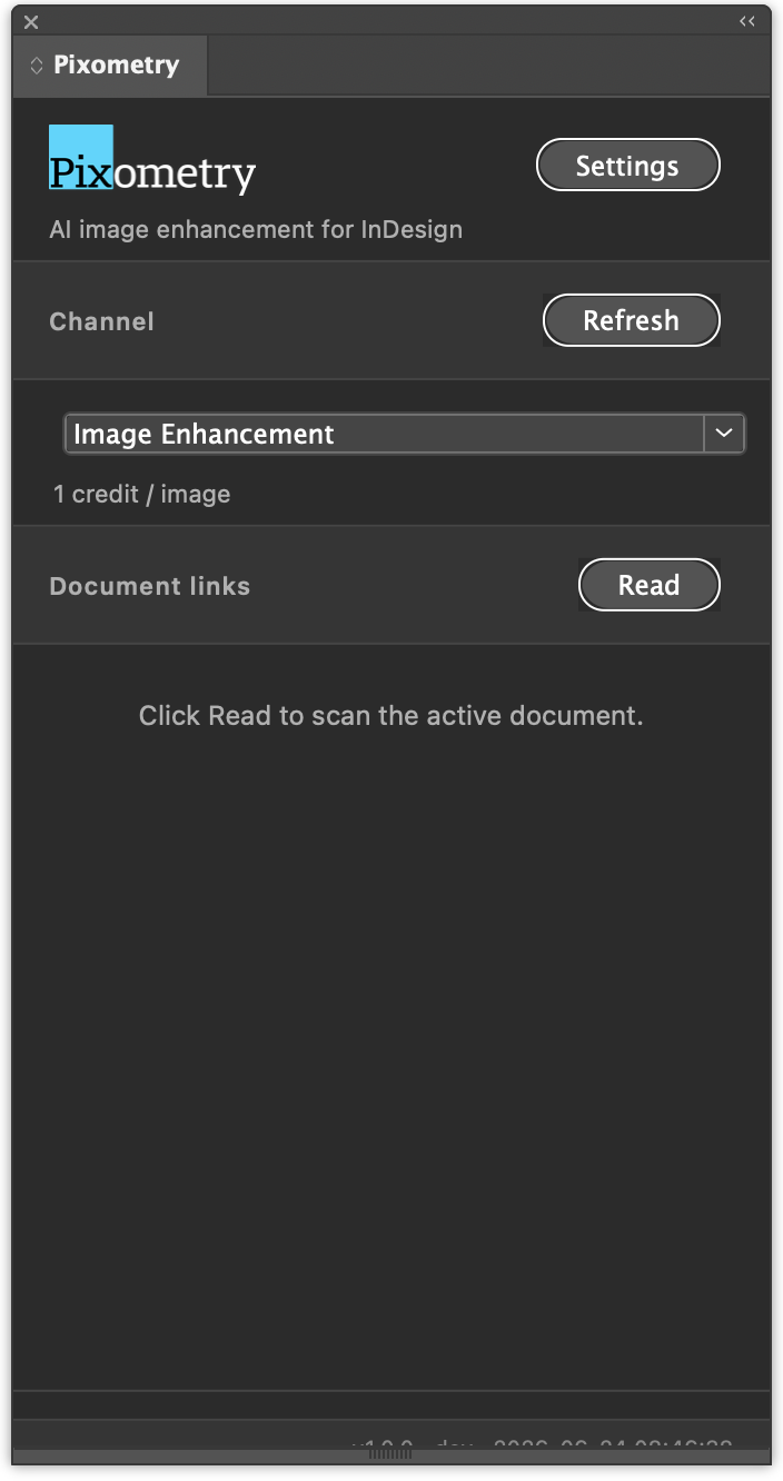 InDesign document with the Pixometry panel showing multiple images ready to process