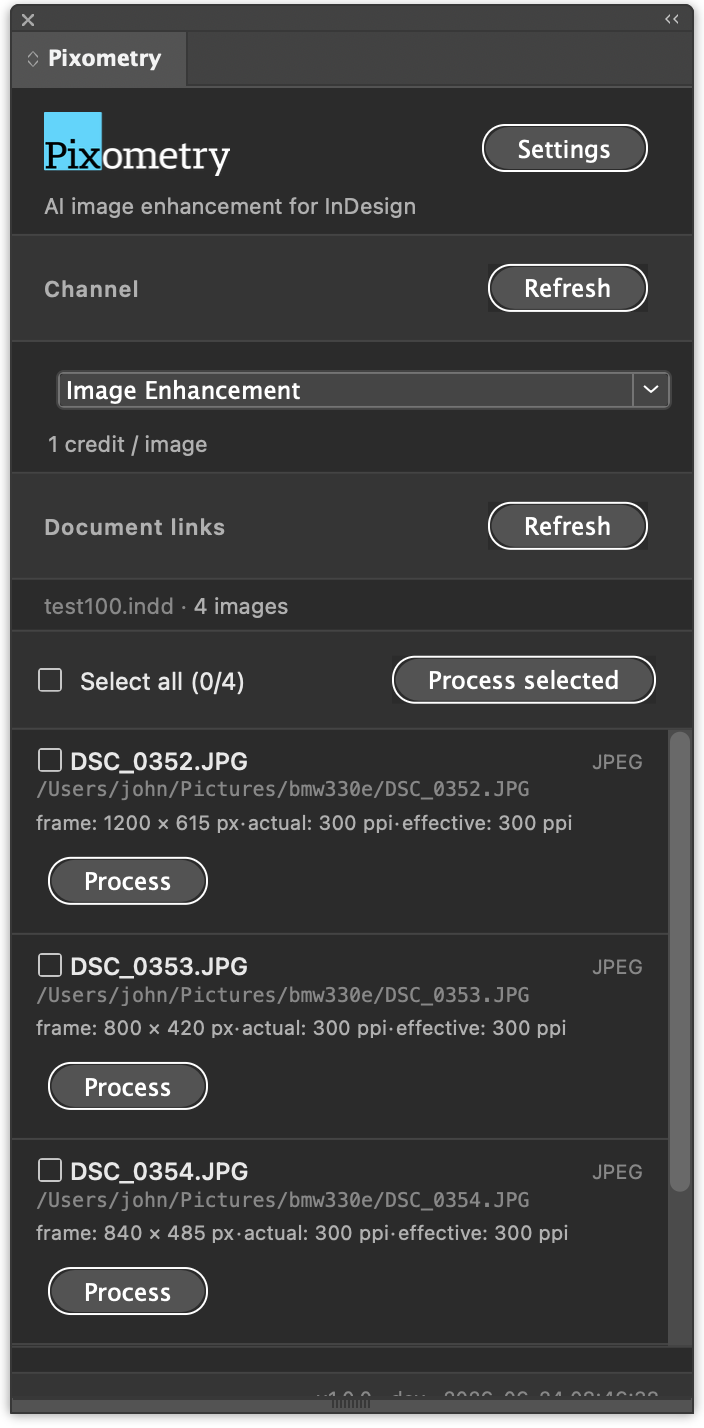Pixometry panel inside InDesign, showing a list of placed images ready for processing