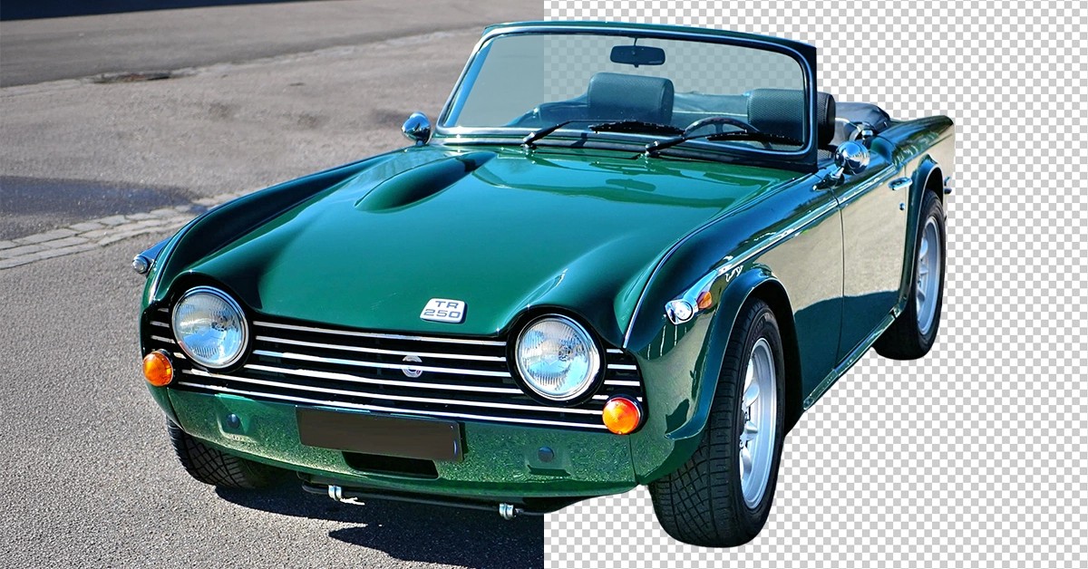 A green classic convertible, half shown on the road where it was photographed and half cut out onto a transparent background