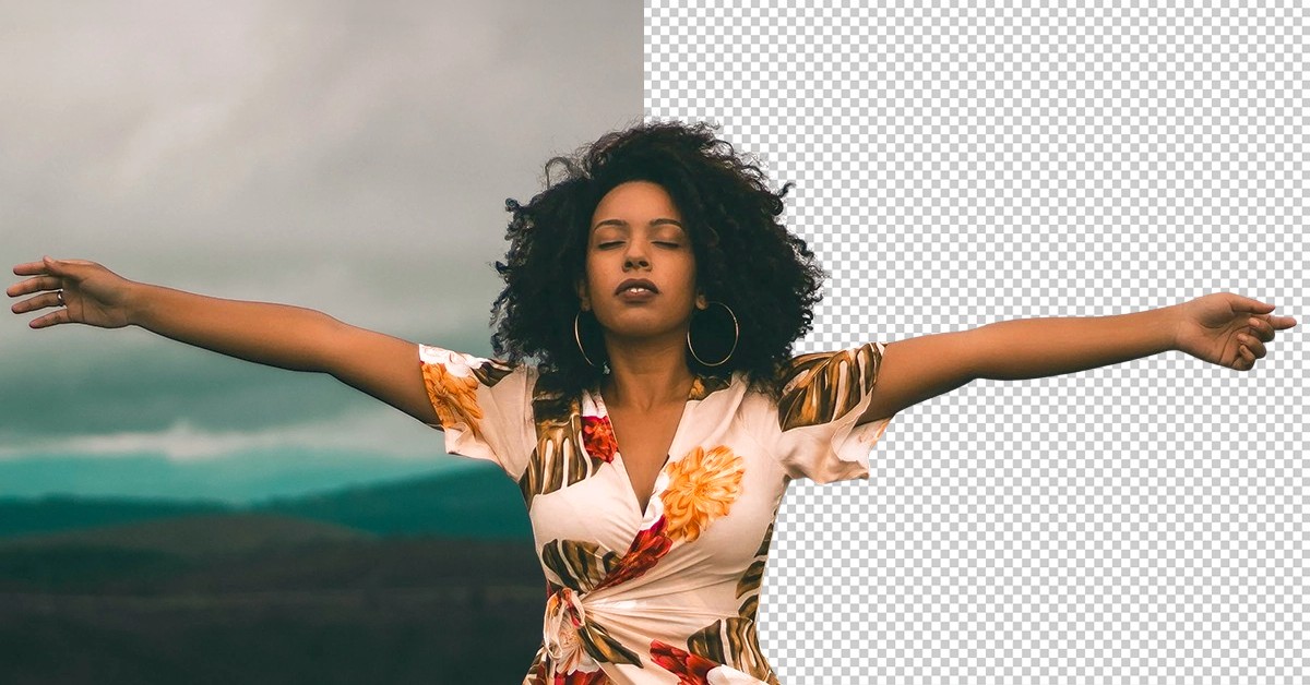 Portrait of a woman with curly hair, half of the photo shown with its original landscape background and half with the background removed