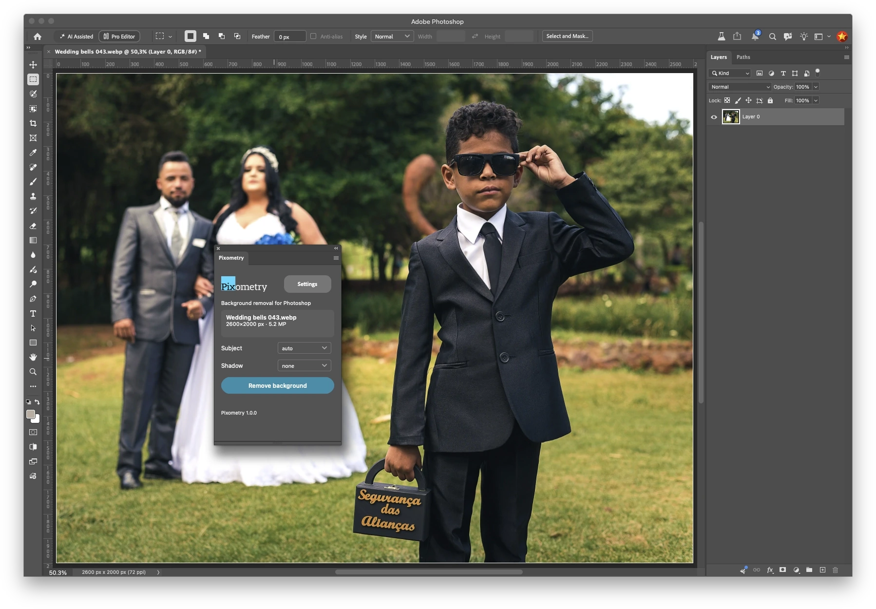 Photoshop with a wedding photo open: a boy in a suit and sunglasses in the foreground, the bride and groom out of focus behind him. The Pixometry panel is open with a Remove background button